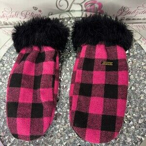 DeLux mittens gloves mitts plaid pink fur furry wool attachable faux fur black